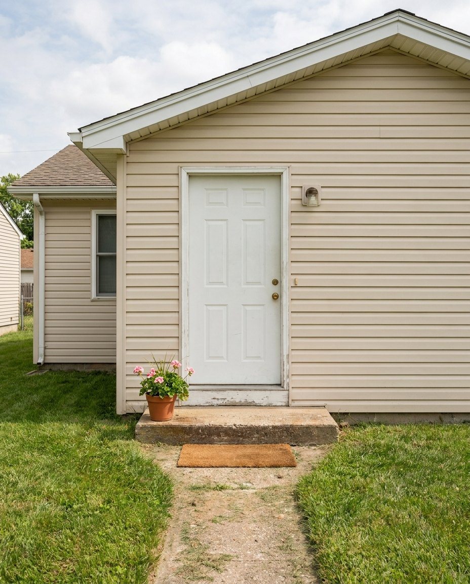 A white front door with one porch step and a pot of pink flowers
