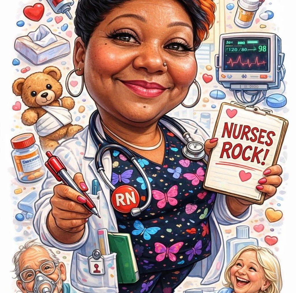 The Ann'gelic Hands logo: a cartoon drawing of a smiling nurse holding a clipboard that reads Nurses Rock!